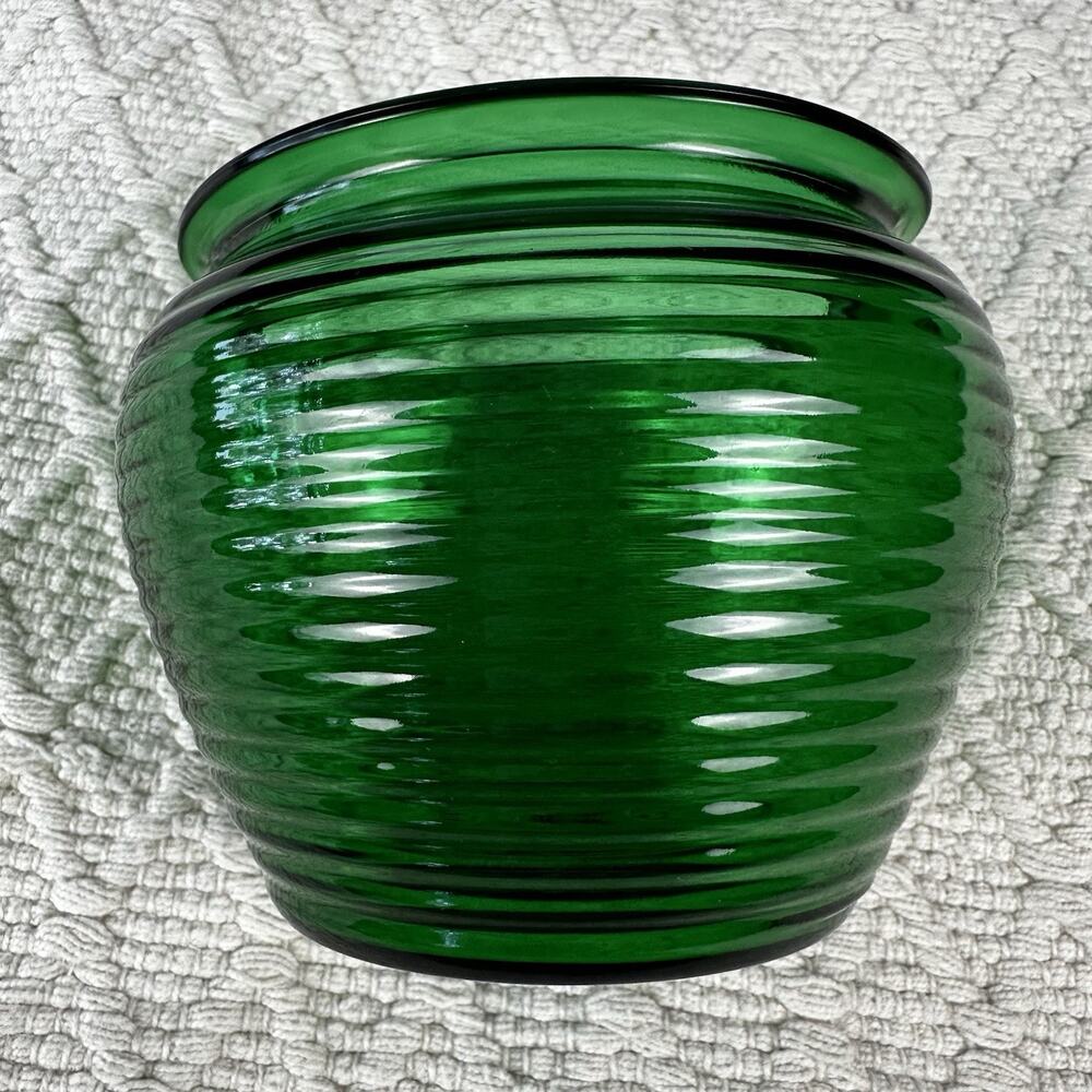 Vintage Napco Green Ribbed Glass Planter Vase Bowl Cleveland OH Mid Century - Picture 3 of 6